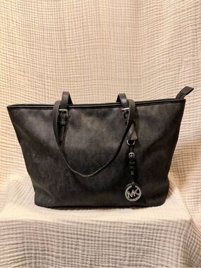 Michael Kors Black Leather logo Tote with silver MK Charm